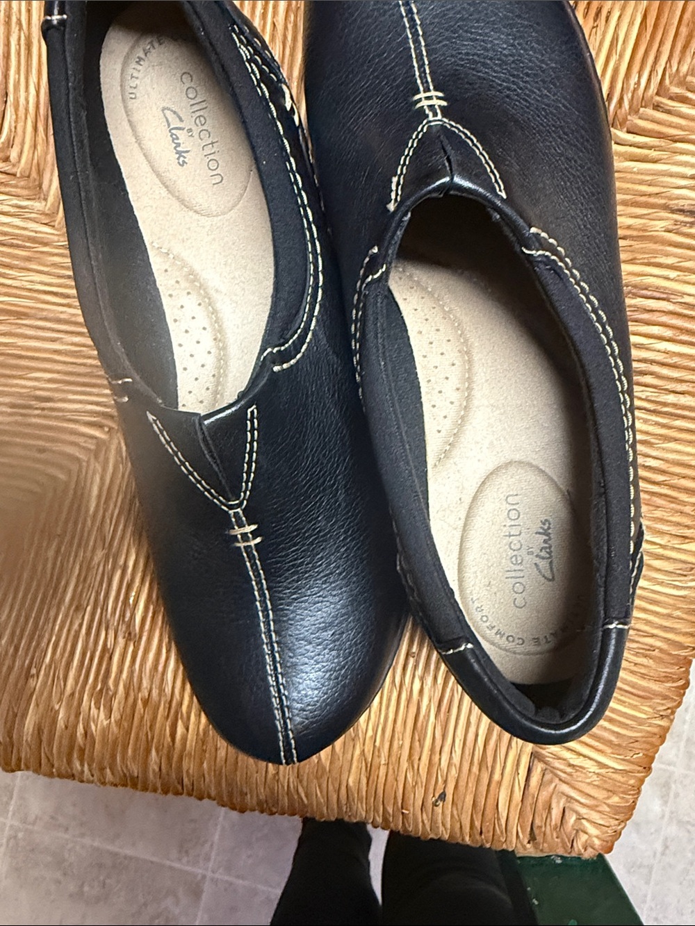 Clarks Black Leather Slip-On Flats with Contrast Stitching